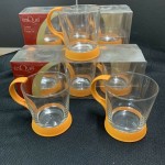 GLASS TEA CUPS WITH COLOURED HOLDER/HANDLE (SET OF 6) ORANGE